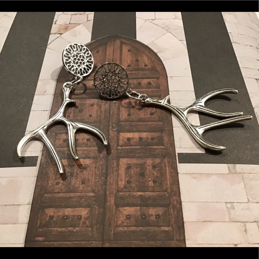 Deer antlers silver earrings big dangle ooak new